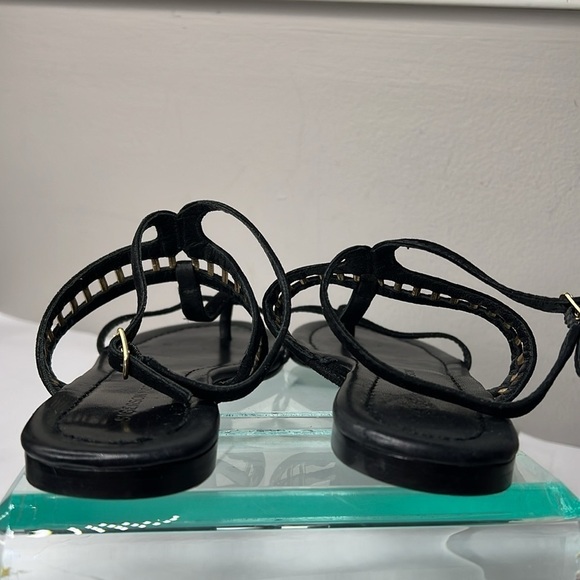 Sigerson Morrison Sz 6 Black Suede Gold Leather TStrap Ankle Strap Flat Sandals - Picture 11 of 11